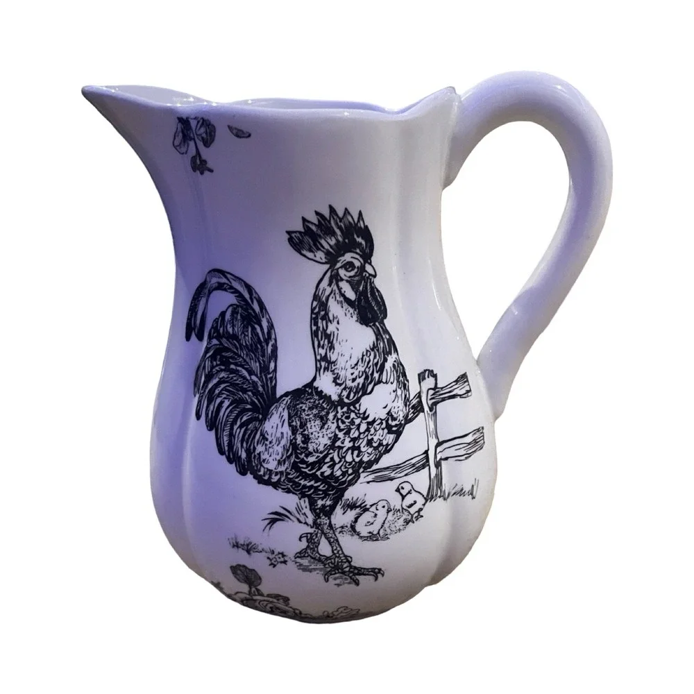 J. Willfred Farmhouse Ceramic Pitcher Cow and Rooster White Black Toile 9 Inch